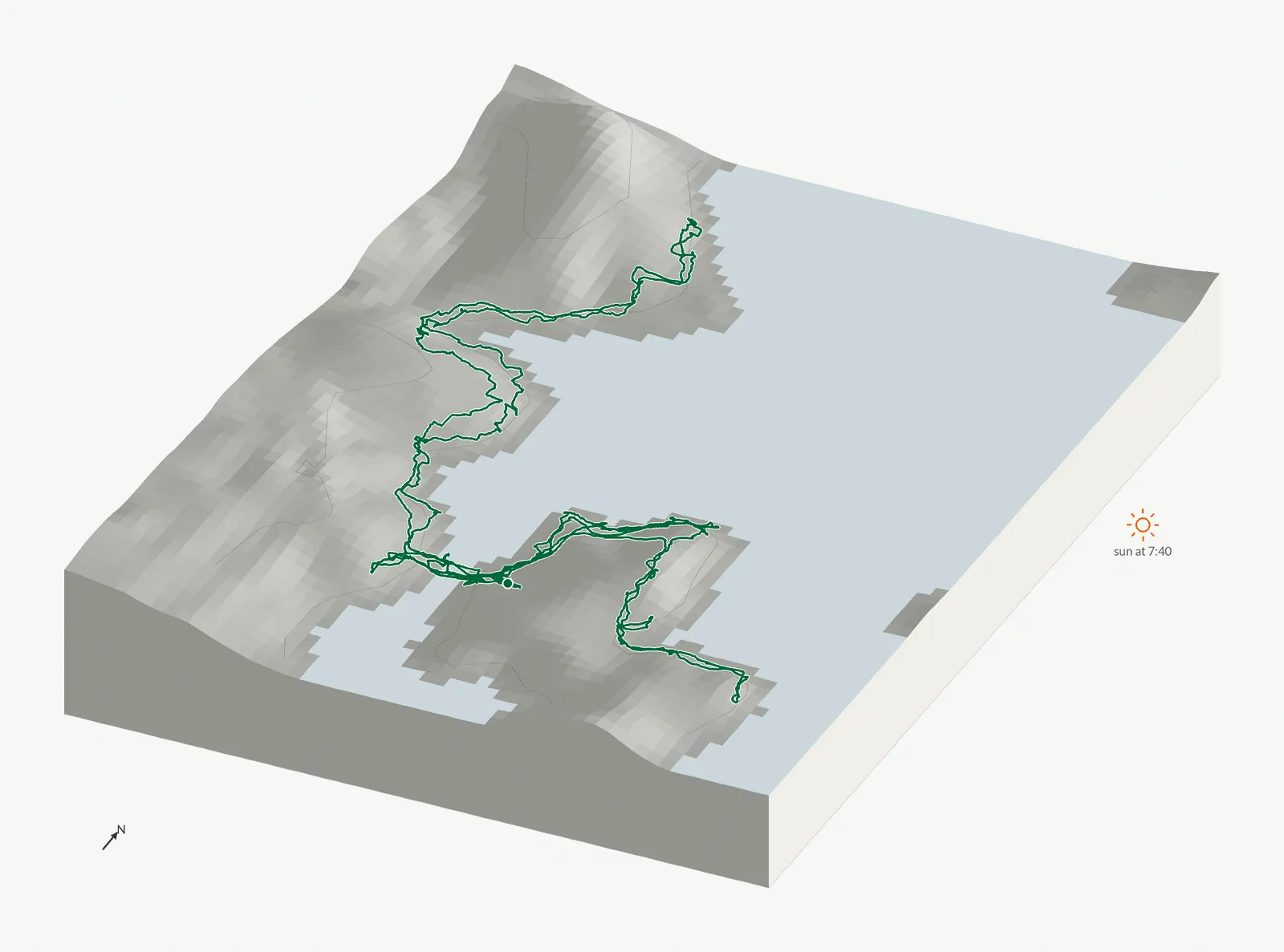 The route of August 10, 2025 on Cherokee Trail, Stone Mountain drawn on a relief model of the terrain, seen from the south-southeast and lit from the east-northeast