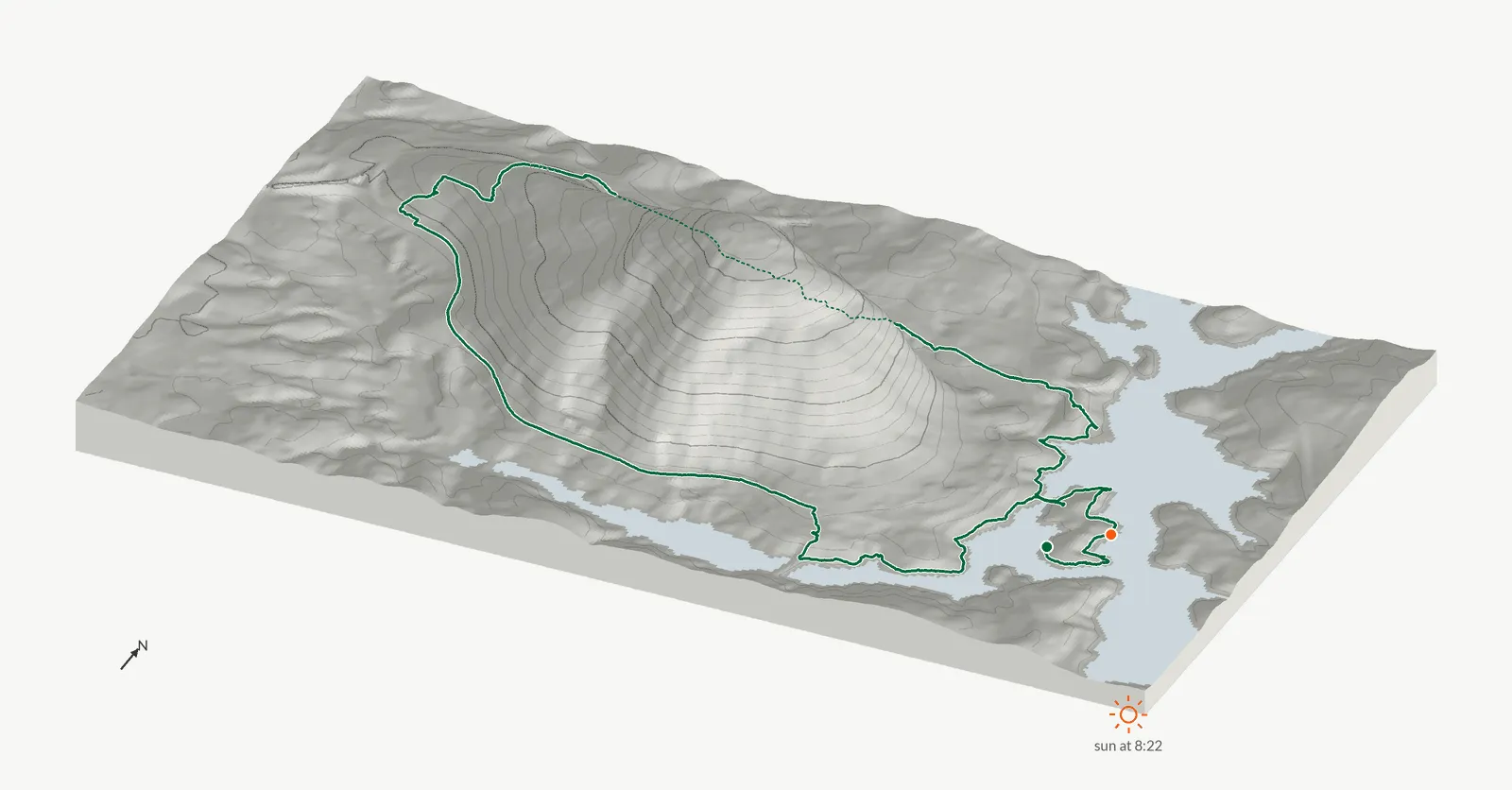 The route of December 1, 2024 on Cherokee Trail, Stone Mountain drawn on a relief model of the terrain, seen from the south-southeast and lit from the southeast
