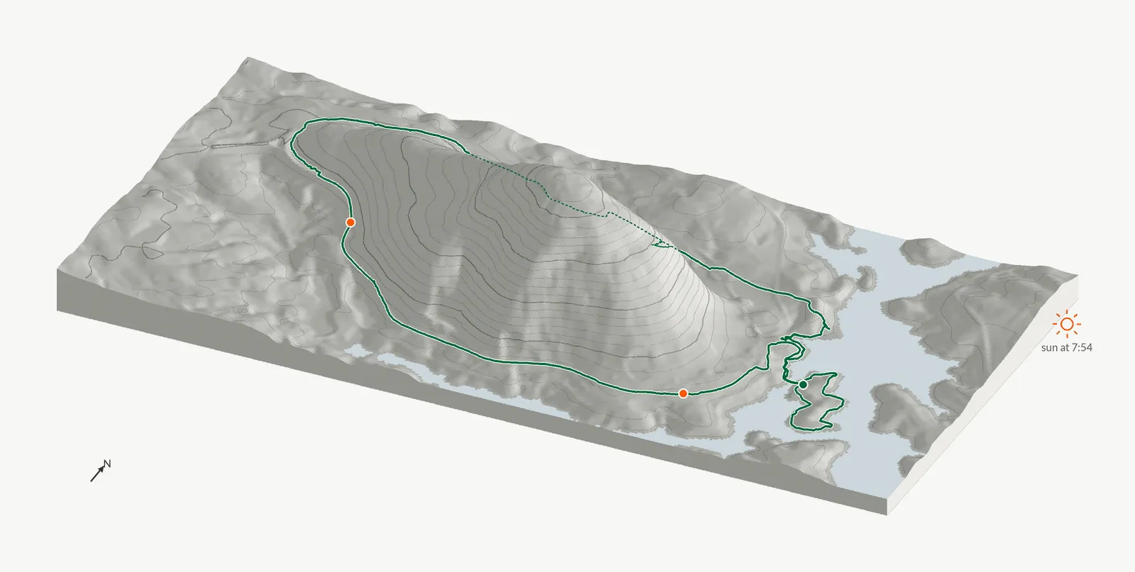 The route of July 25, 2026 on Cherokee Trail, Stone Mountain drawn on a relief model of the terrain, seen from the south-southeast and lit from the east-northeast