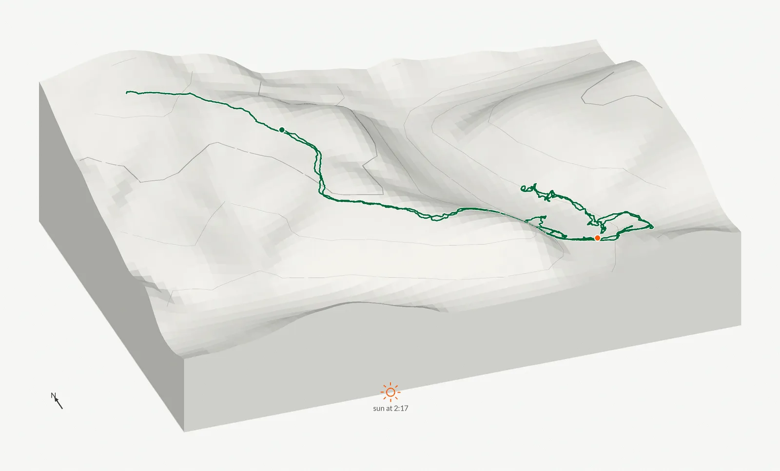 The route of October 6, 2024 on Toccoa Swinging Bridge drawn on a relief model of the terrain, seen from the south-southwest and lit from the south-southwest