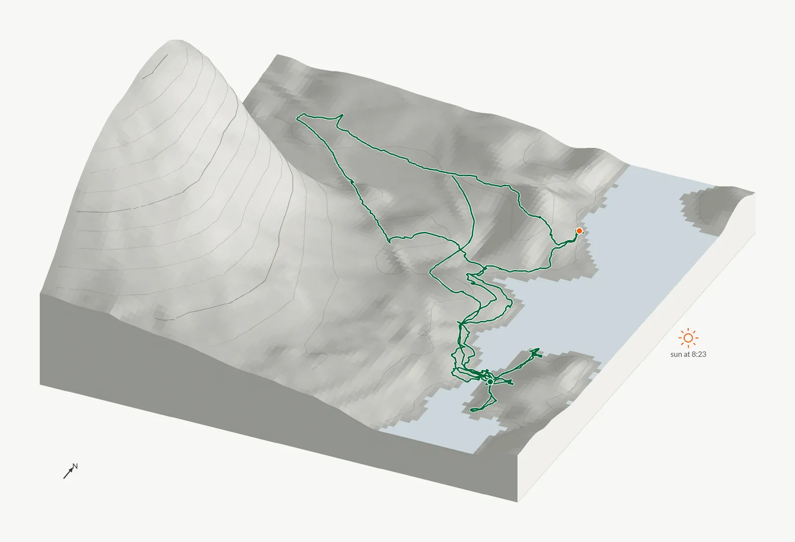 The route of April 6, 2025 on Cherokee Trail, Stone Mountain drawn on a relief model of the terrain, seen from the south-southeast and lit from the east