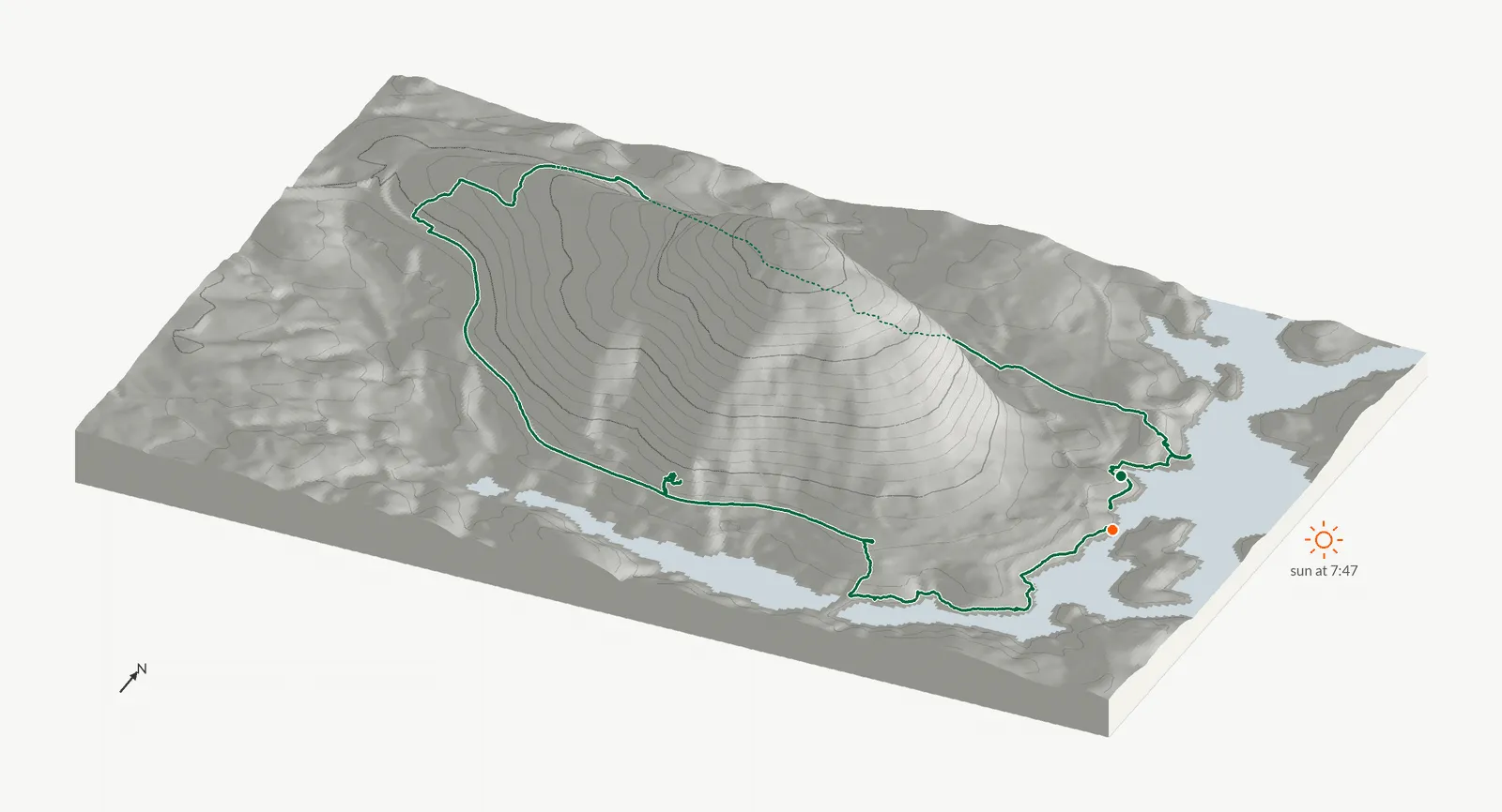 The route of September 14, 2024 on Cherokee Trail, Stone Mountain drawn on a relief model of the terrain, seen from the south-southeast and lit from the east