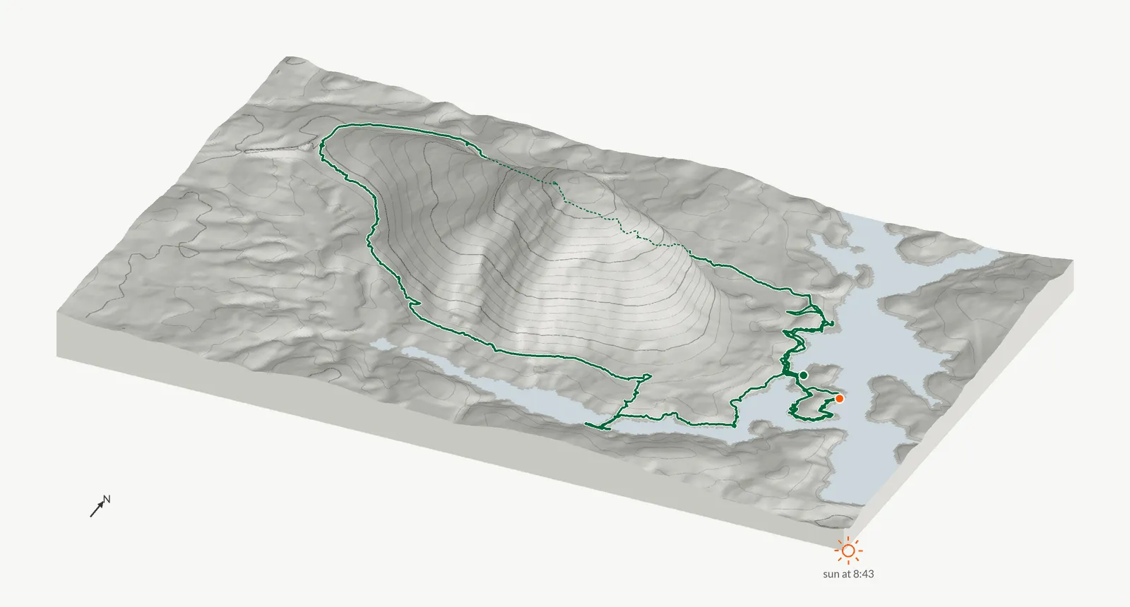 The route of November 9, 2025 on Cherokee Trail, Stone Mountain drawn on a relief model of the terrain, seen from the south-southeast and lit from the southeast