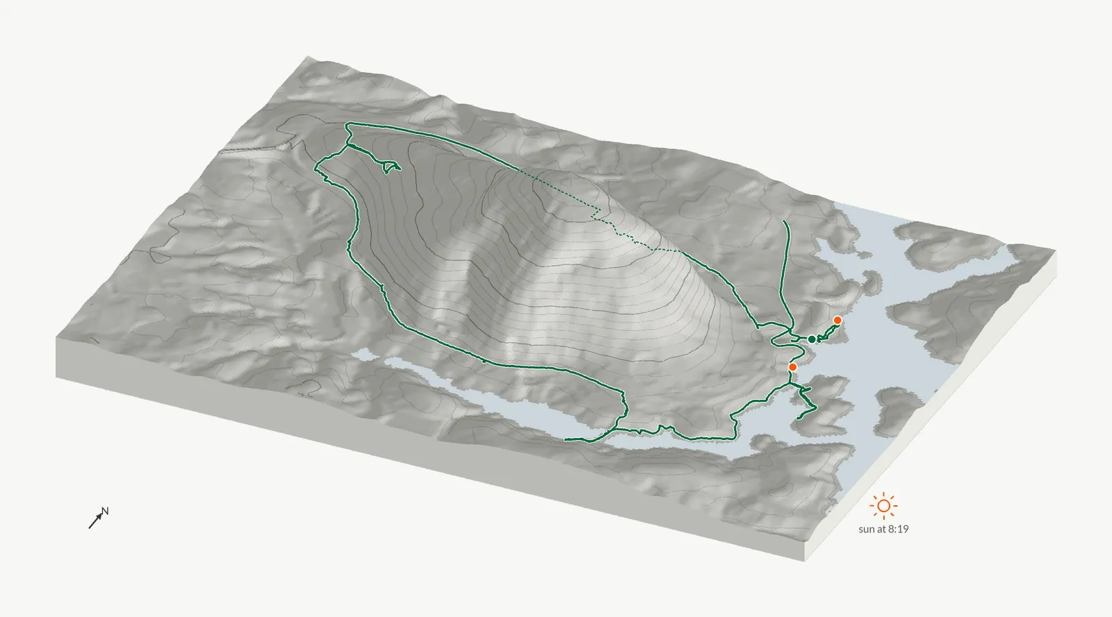 The route of February 9, 2025 on Cherokee Trail, Stone Mountain drawn on a relief model of the terrain, seen from the south-southeast and lit from the east-southeast