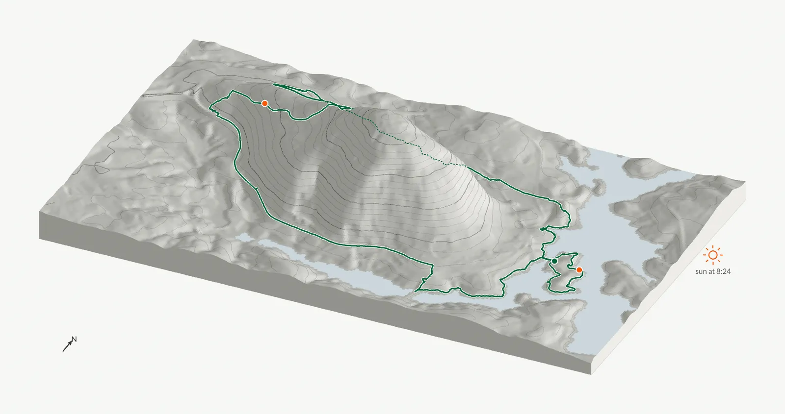 The route of May 1, 2026 on Cherokee Trail, Stone Mountain drawn on a relief model of the terrain, seen from the south-southeast and lit from the east