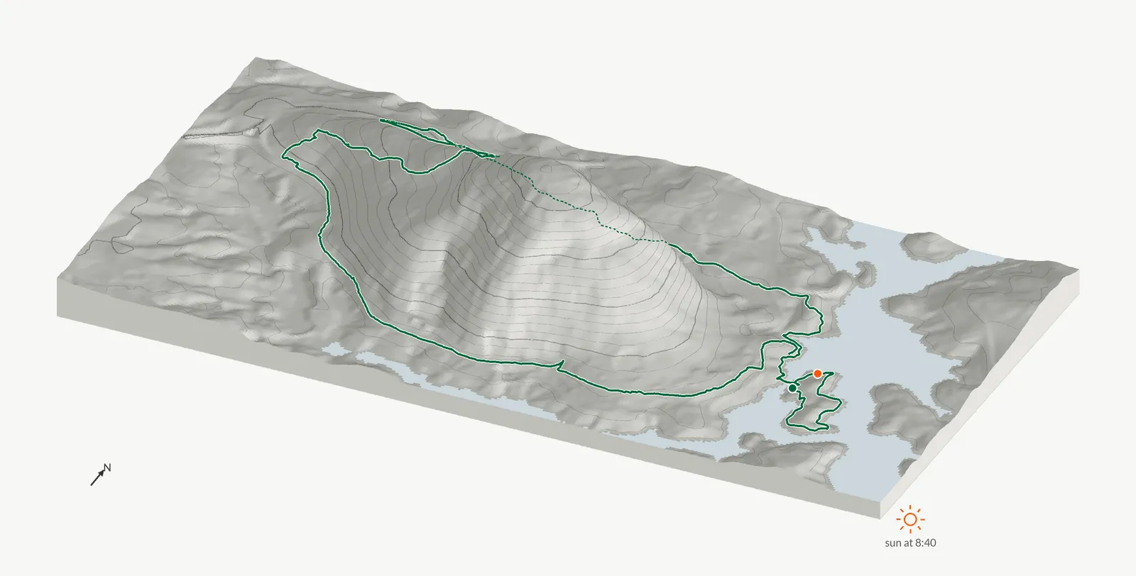 The route of February 8, 2026 on Cherokee Trail, Stone Mountain drawn on a relief model of the terrain, seen from the south-southeast and lit from the east-southeast