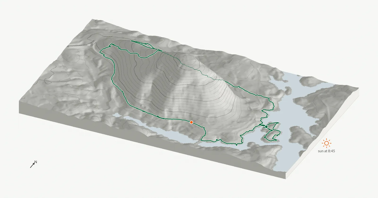 The route of March 22, 2025 on Cherokee Trail, Stone Mountain drawn on a relief model of the terrain, seen from the south-southeast and lit from the east