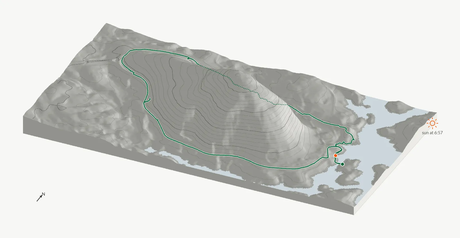 The route of May 24, 2026 on Cherokee Trail, Stone Mountain drawn on a relief model of the terrain, seen from the south-southeast and lit from the east-northeast