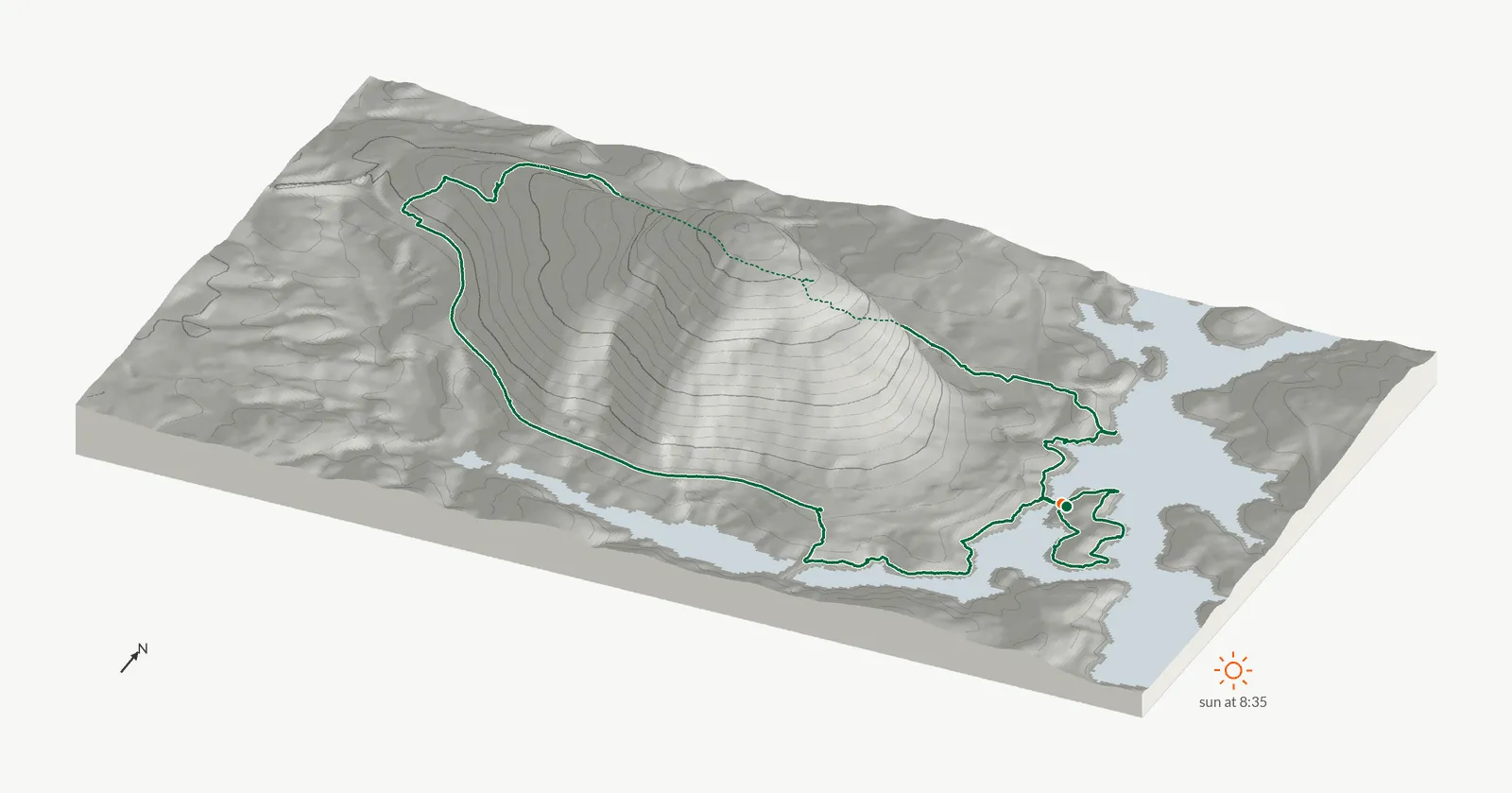 The route of November 2, 2024 on Cherokee Trail, Stone Mountain drawn on a relief model of the terrain, seen from the south-southeast and lit from the east-southeast