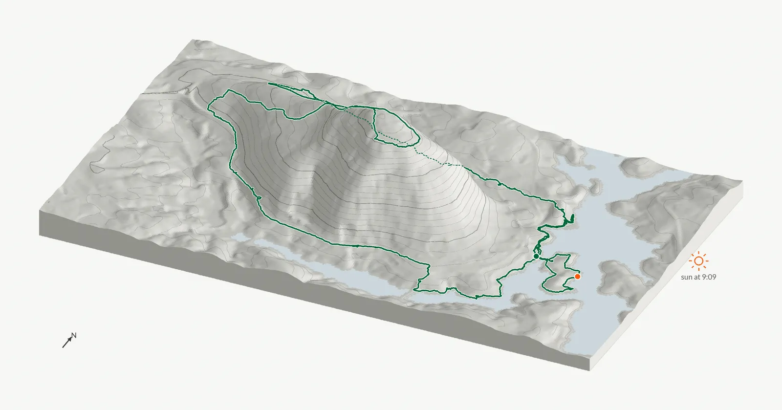 The route of August 9, 2025 on Cherokee Trail, Stone Mountain drawn on a relief model of the terrain, seen from the south-southeast and lit from the east