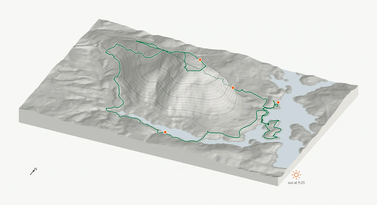 The route of October 24, 2026 on Cherokee Trail, Stone Mountain drawn on a relief model of the terrain, seen from the south-southeast and lit from the east-southeast