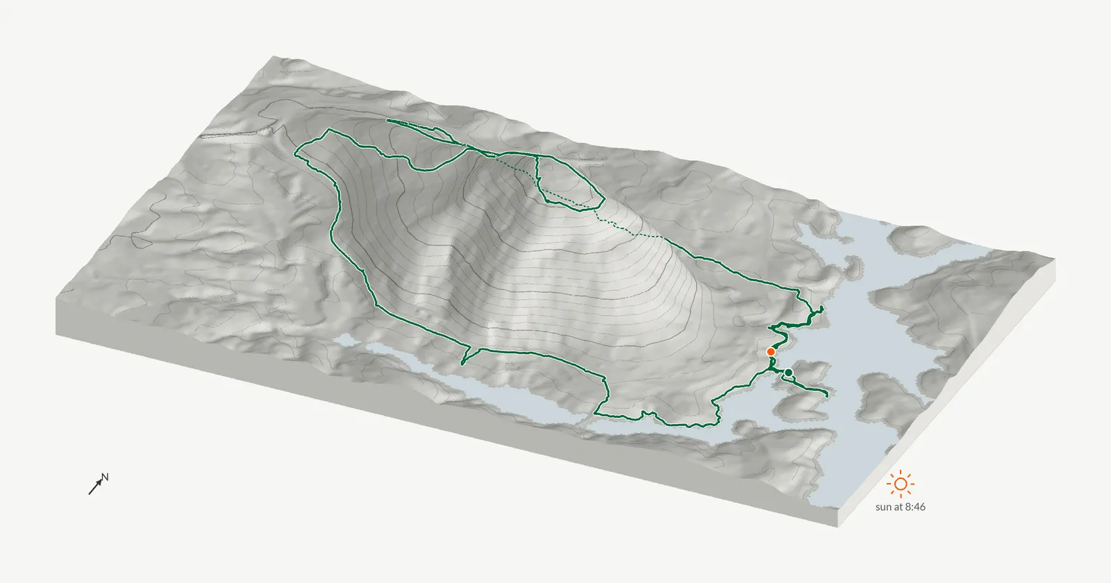 The route of March 1, 2025 on Cherokee Trail, Stone Mountain drawn on a relief model of the terrain, seen from the south-southeast and lit from the east-southeast