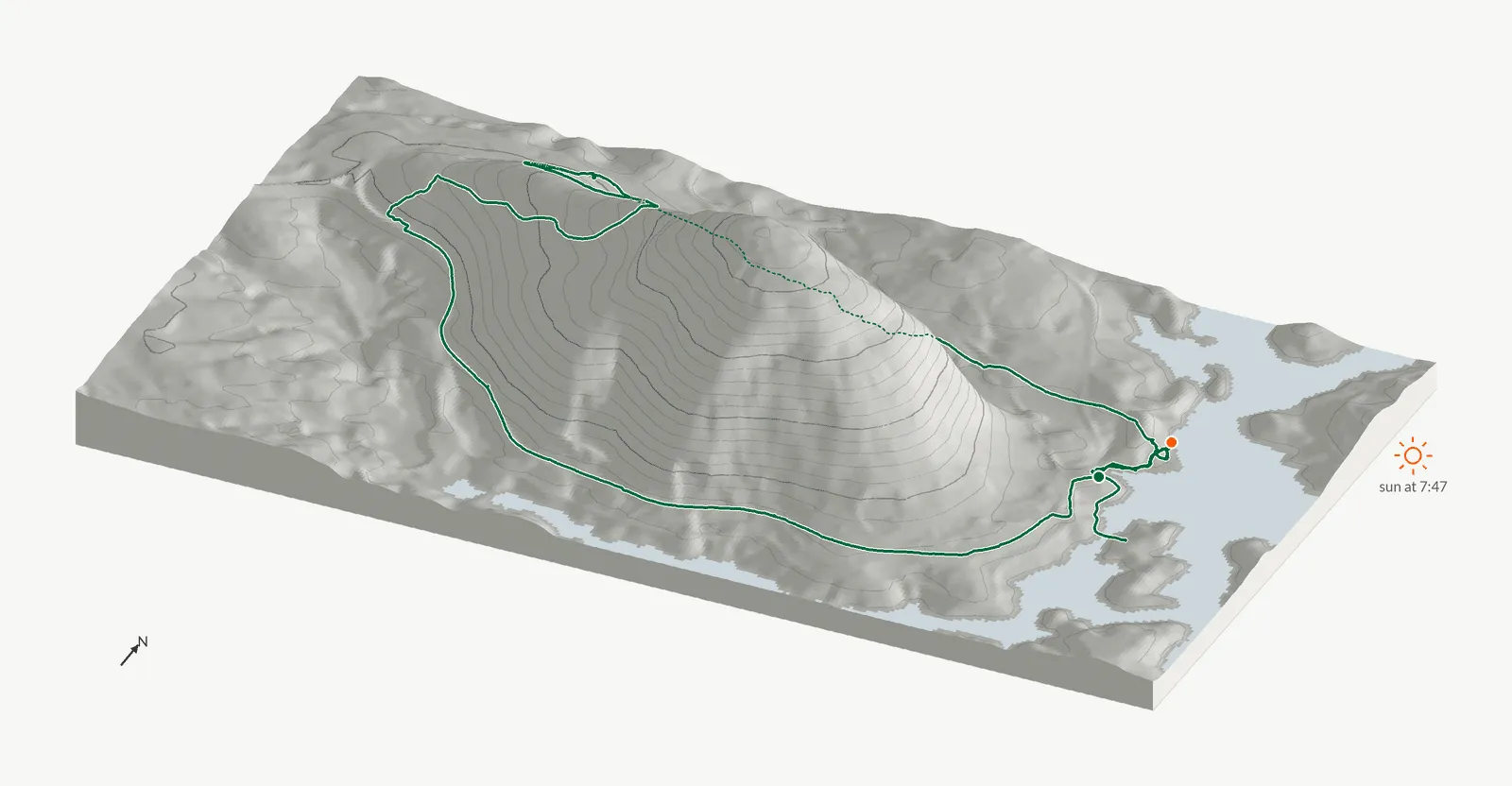 The route of May 9, 2026 on Cherokee Trail, Stone Mountain drawn on a relief model of the terrain, seen from the south-southeast and lit from the east-northeast