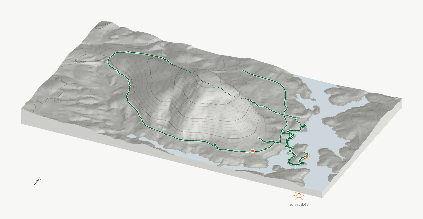 The route of December 25, 2025 on Cherokee Trail, Stone Mountain drawn on a relief model of the terrain, seen from the south-southeast and lit from the southeast