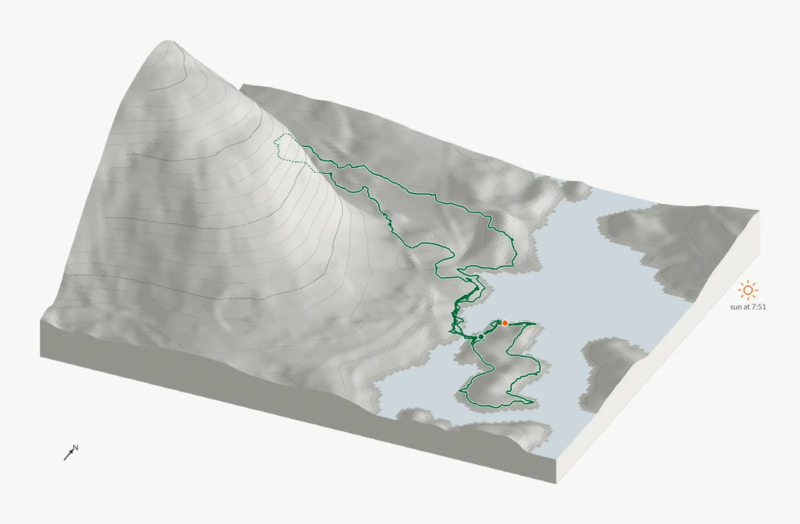 The route of May 17, 2025 on Cherokee Trail, Stone Mountain drawn on a relief model of the terrain, seen from the south-southeast and lit from the east-northeast