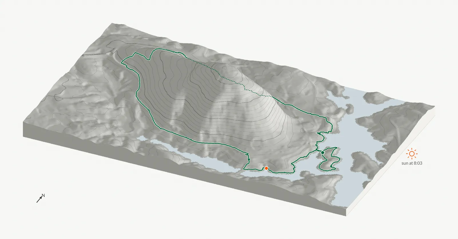 The route of April 12, 2025 on Cherokee Trail, Stone Mountain drawn on a relief model of the terrain, seen from the south-southeast and lit from the east