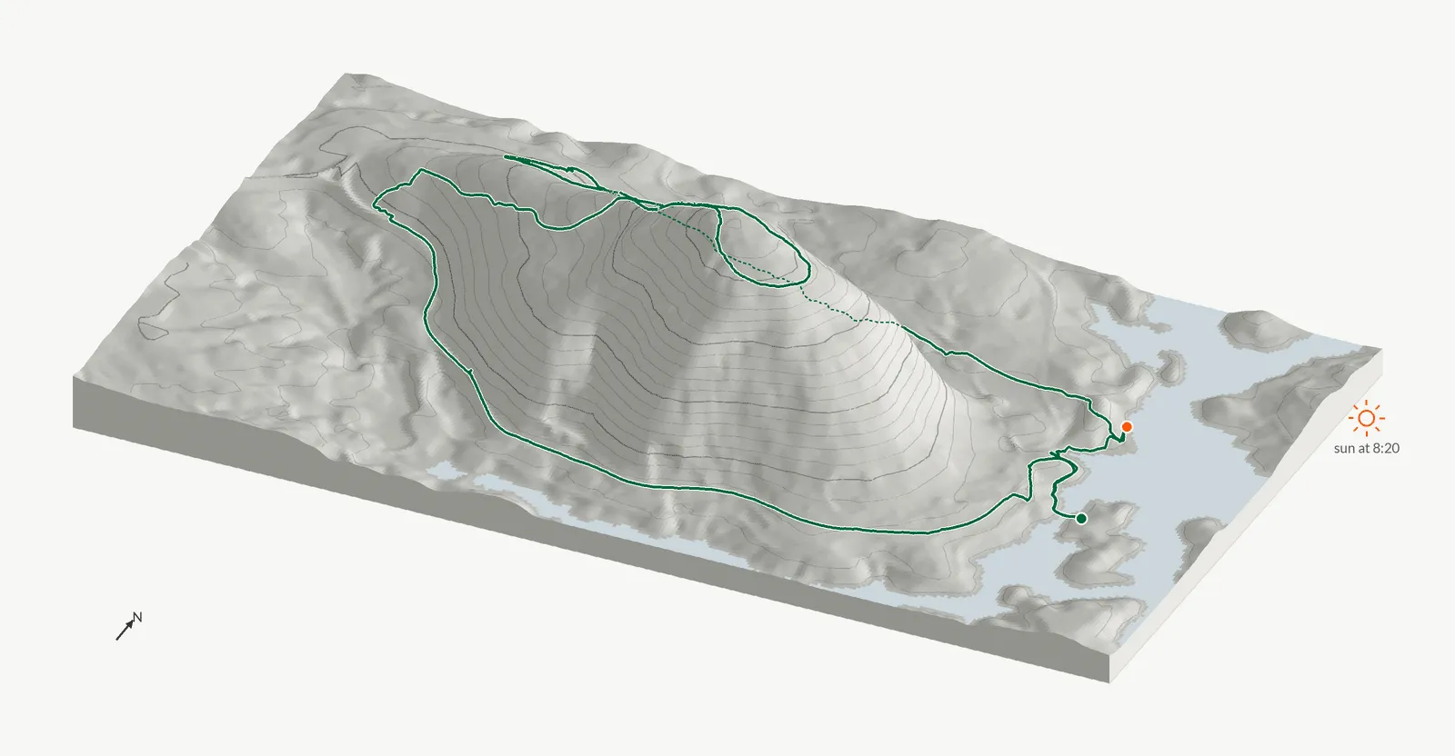 The route of June 27, 2026 on Cherokee Trail, Stone Mountain drawn on a relief model of the terrain, seen from the south-southeast and lit from the east-northeast