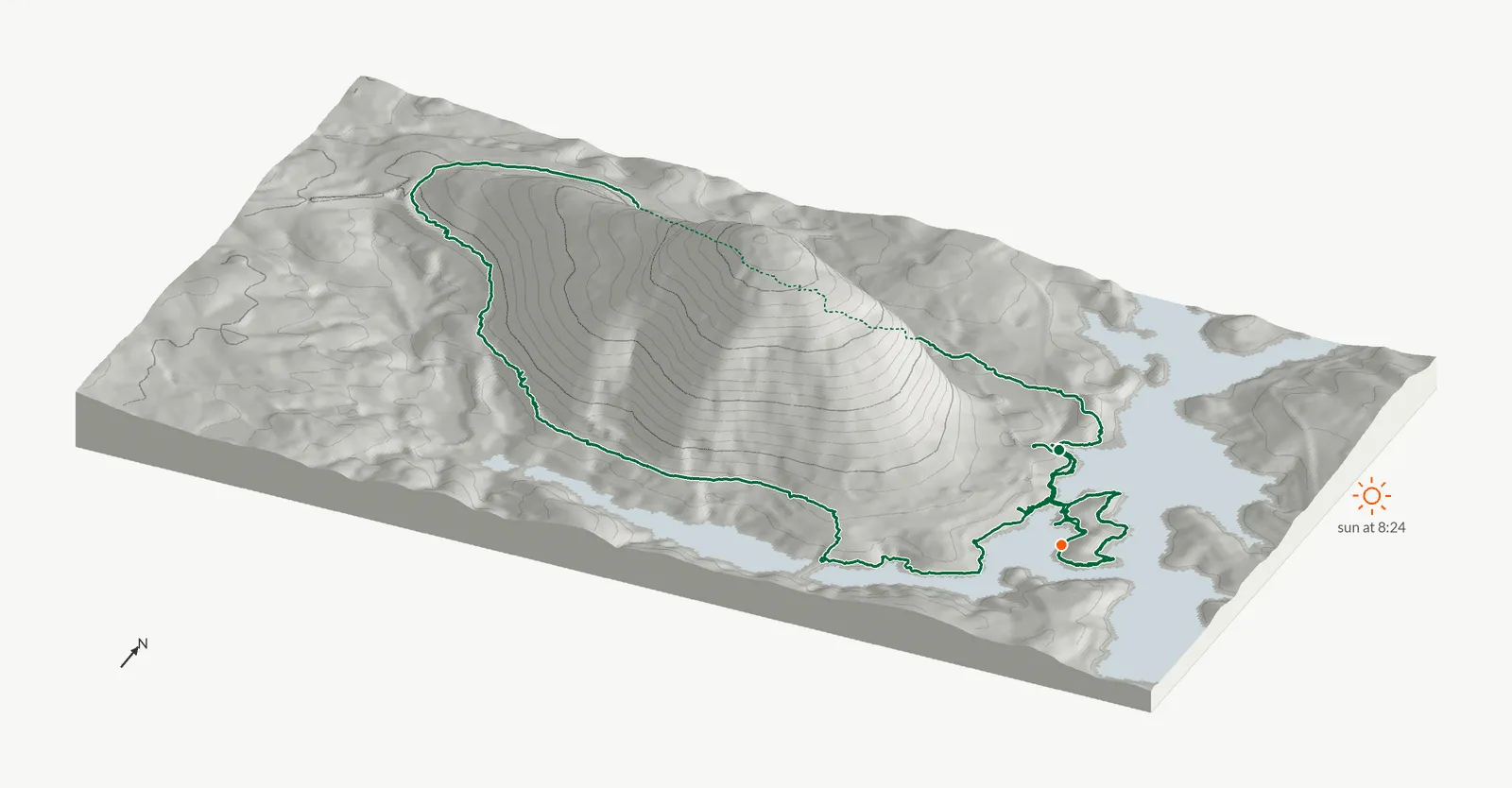 The route of April 26, 2025 on Cherokee Trail, Stone Mountain drawn on a relief model of the terrain, seen from the south-southeast and lit from the east