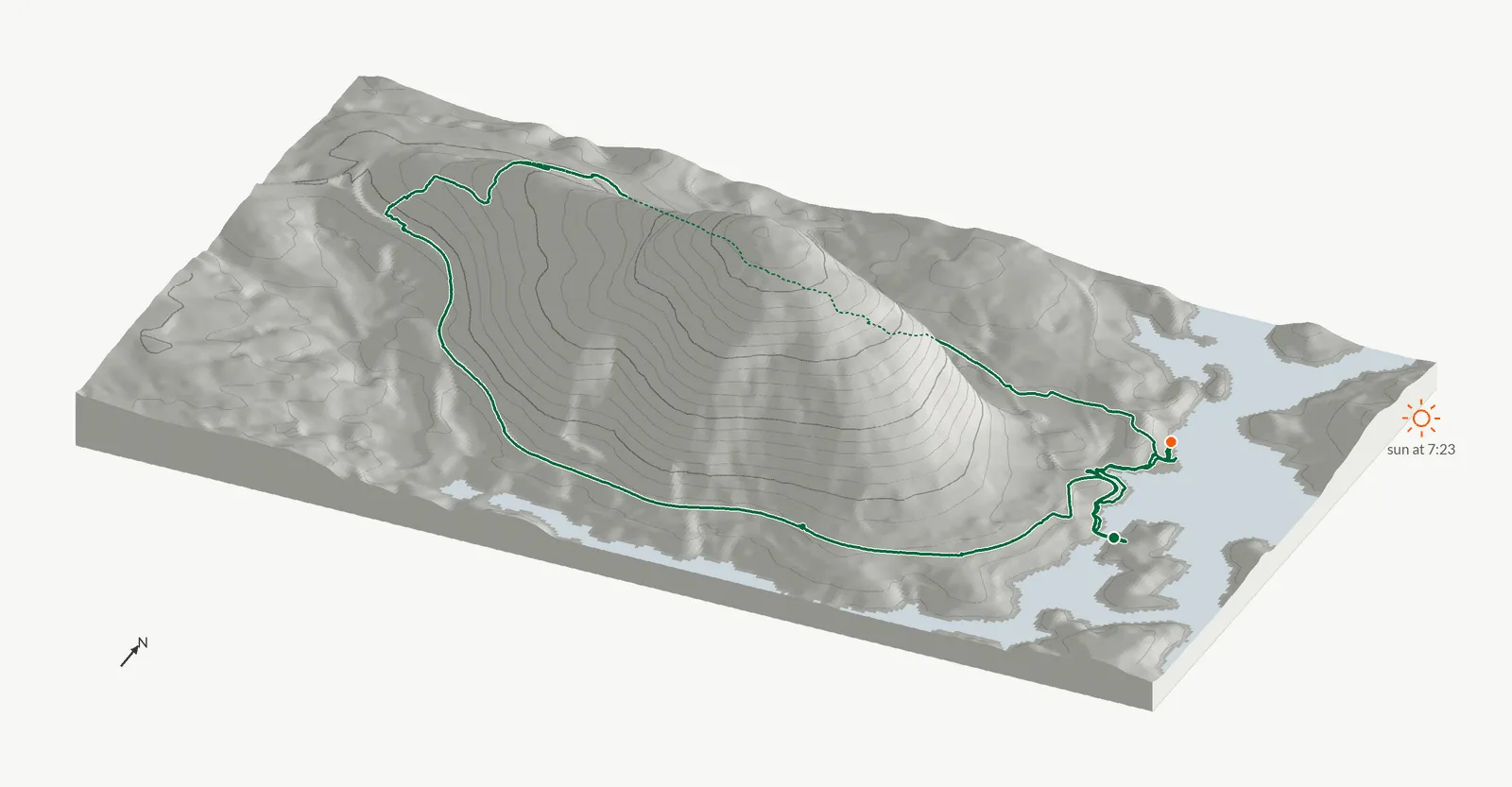 The route of May 29, 2026 on Cherokee Trail, Stone Mountain drawn on a relief model of the terrain, seen from the south-southeast and lit from the east-northeast