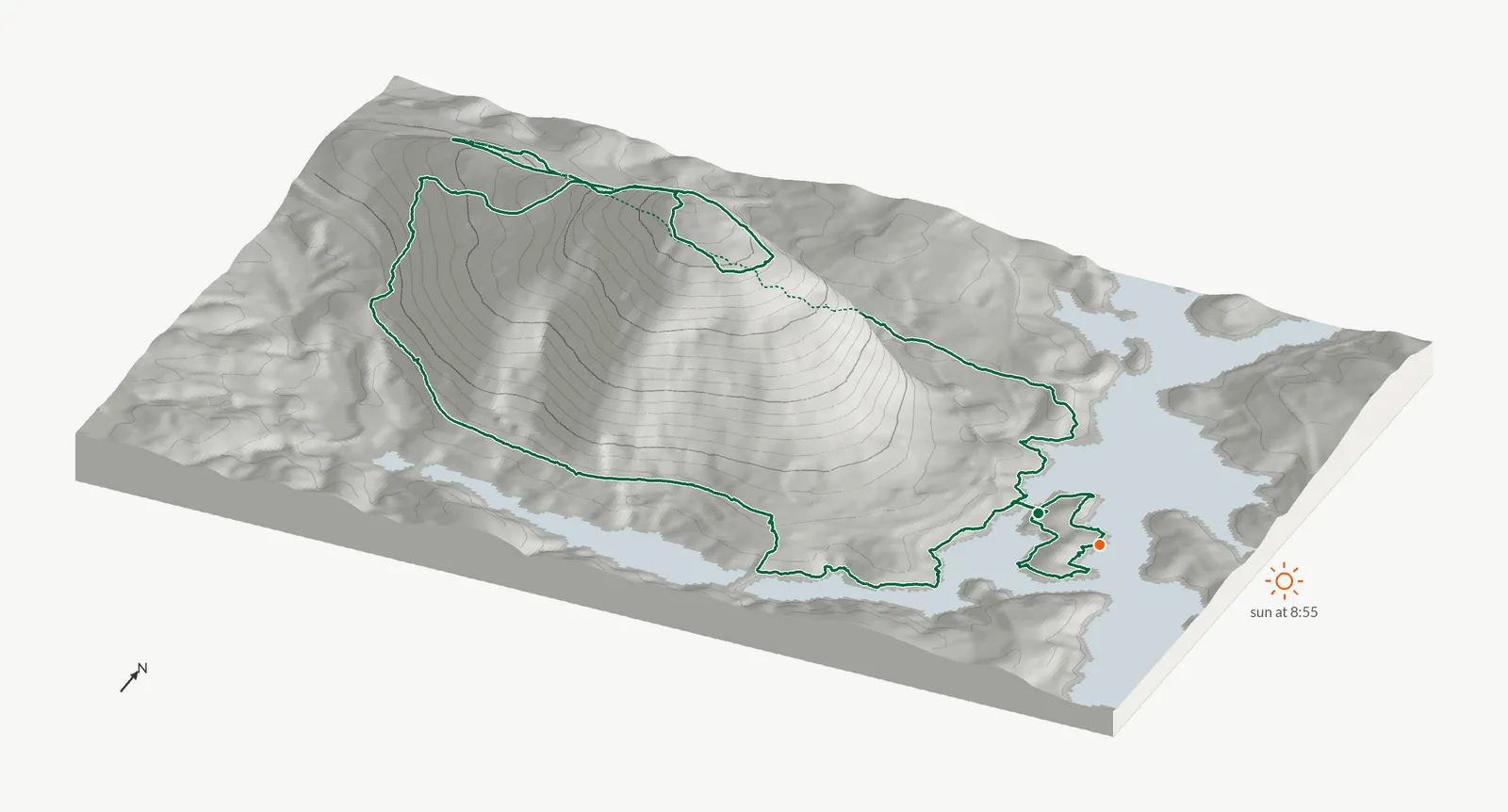 The route of March 23, 2025 on Cherokee Trail, Stone Mountain drawn on a relief model of the terrain, seen from the south-southeast and lit from the east