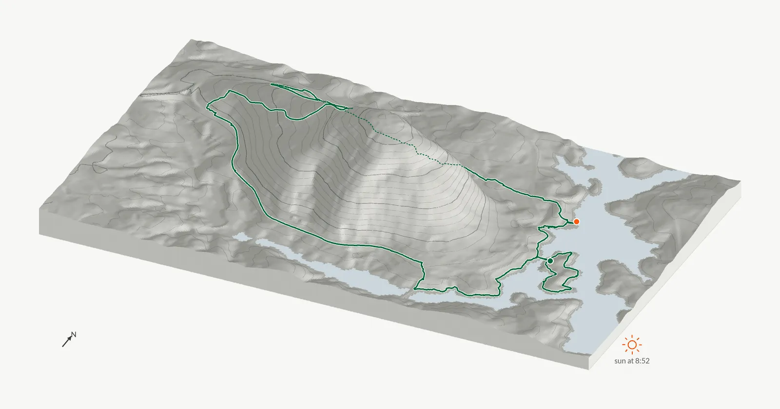 The route of October 26, 2024 on Cherokee Trail, Stone Mountain drawn on a relief model of the terrain, seen from the south-southeast and lit from the east-southeast