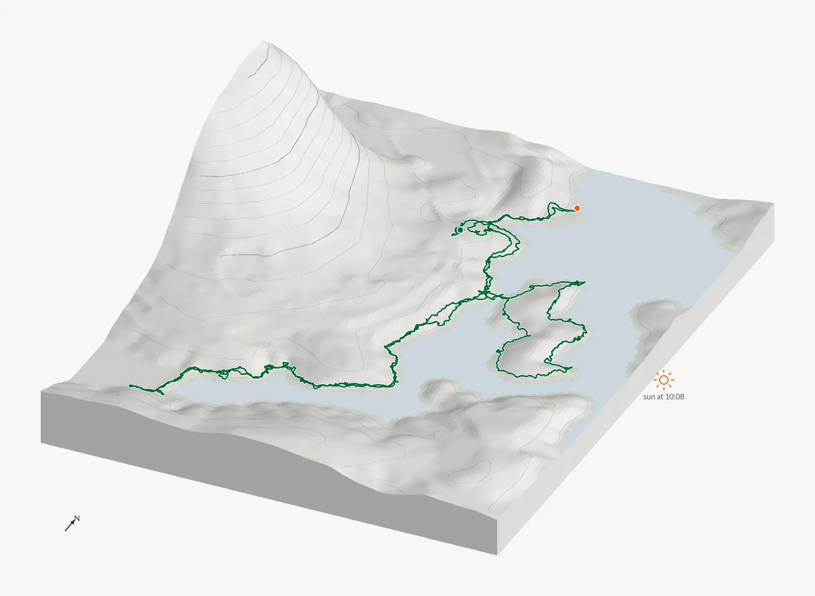The route of August 24, 2025 on Cherokee Trail, Stone Mountain drawn on a relief model of the terrain, seen from the south-southeast and lit from the east-southeast