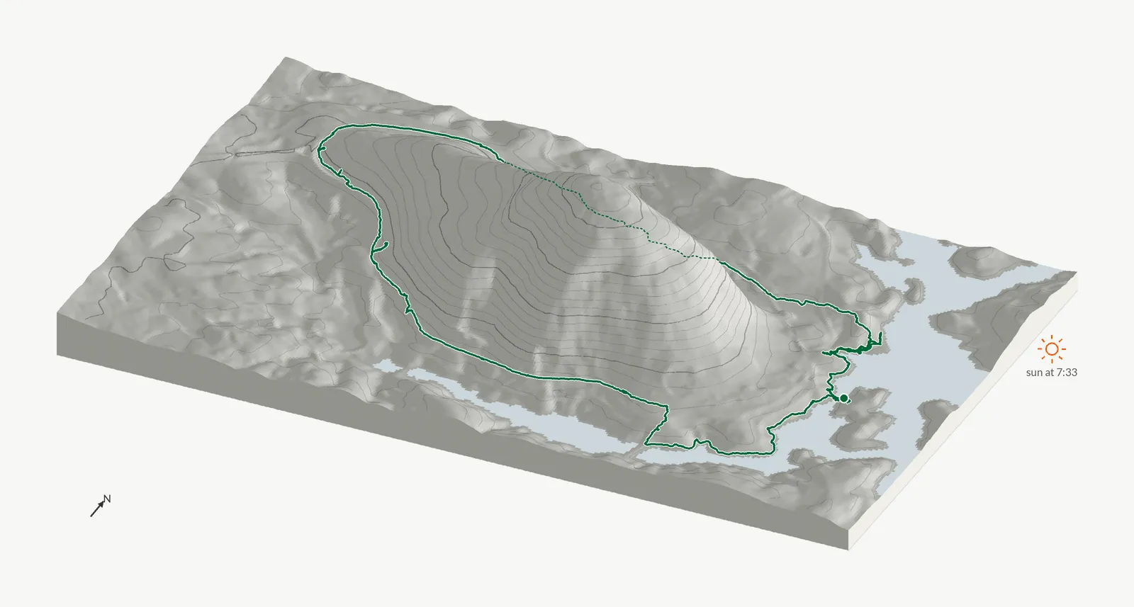 The route of May 4, 2025 on Cherokee Trail, Stone Mountain drawn on a relief model of the terrain, seen from the south-southeast and lit from the east-northeast