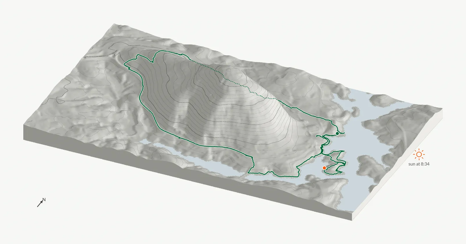 The route of August 17, 2024 on Cherokee Trail, Stone Mountain drawn on a relief model of the terrain, seen from the south-southeast and lit from the east