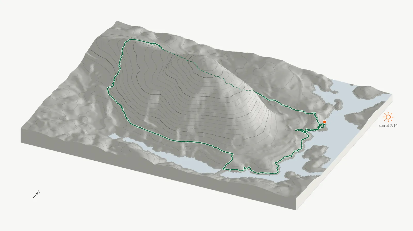 The route of June 22, 2025 on Cherokee Trail, Stone Mountain drawn on a relief model of the terrain, seen from the south-southeast and lit from the east-northeast