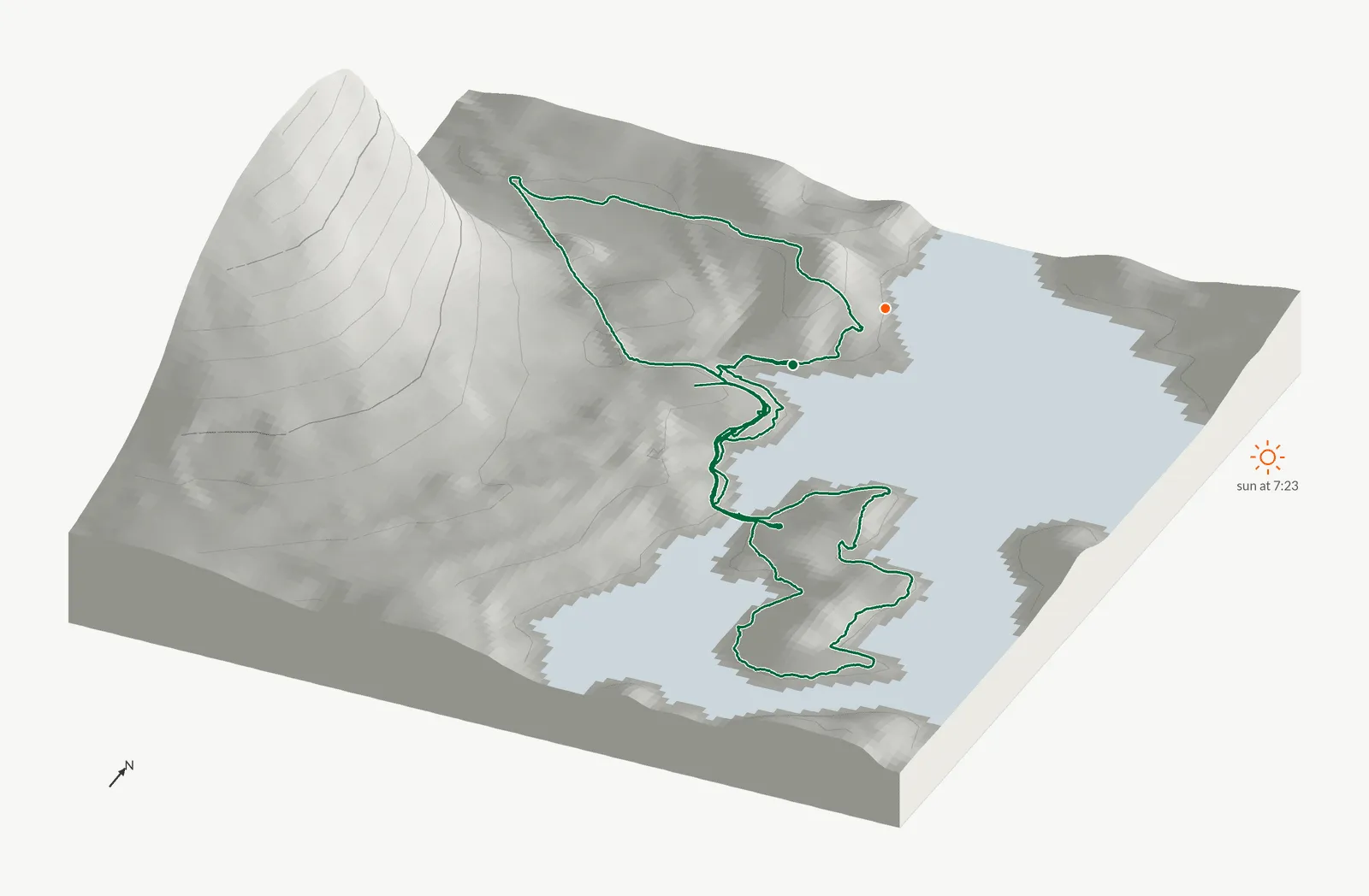 The route of June 20, 2026 on Cherokee Trail, Stone Mountain drawn on a relief model of the terrain, seen from the south-southeast and lit from the east-northeast
