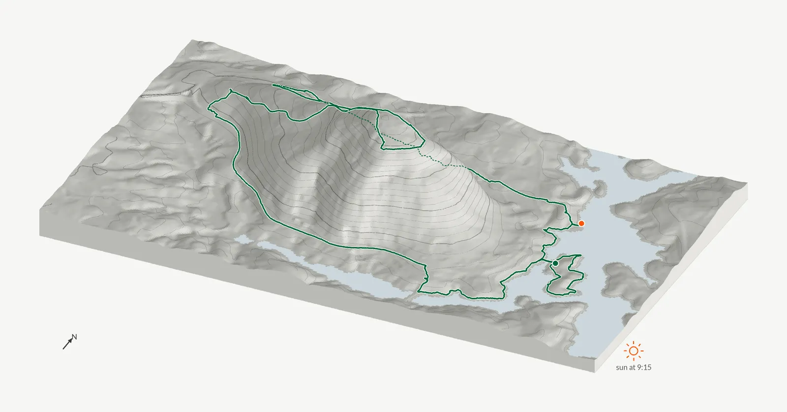 The route of October 19, 2024 on Cherokee Trail, Stone Mountain drawn on a relief model of the terrain, seen from the south-southeast and lit from the east-southeast