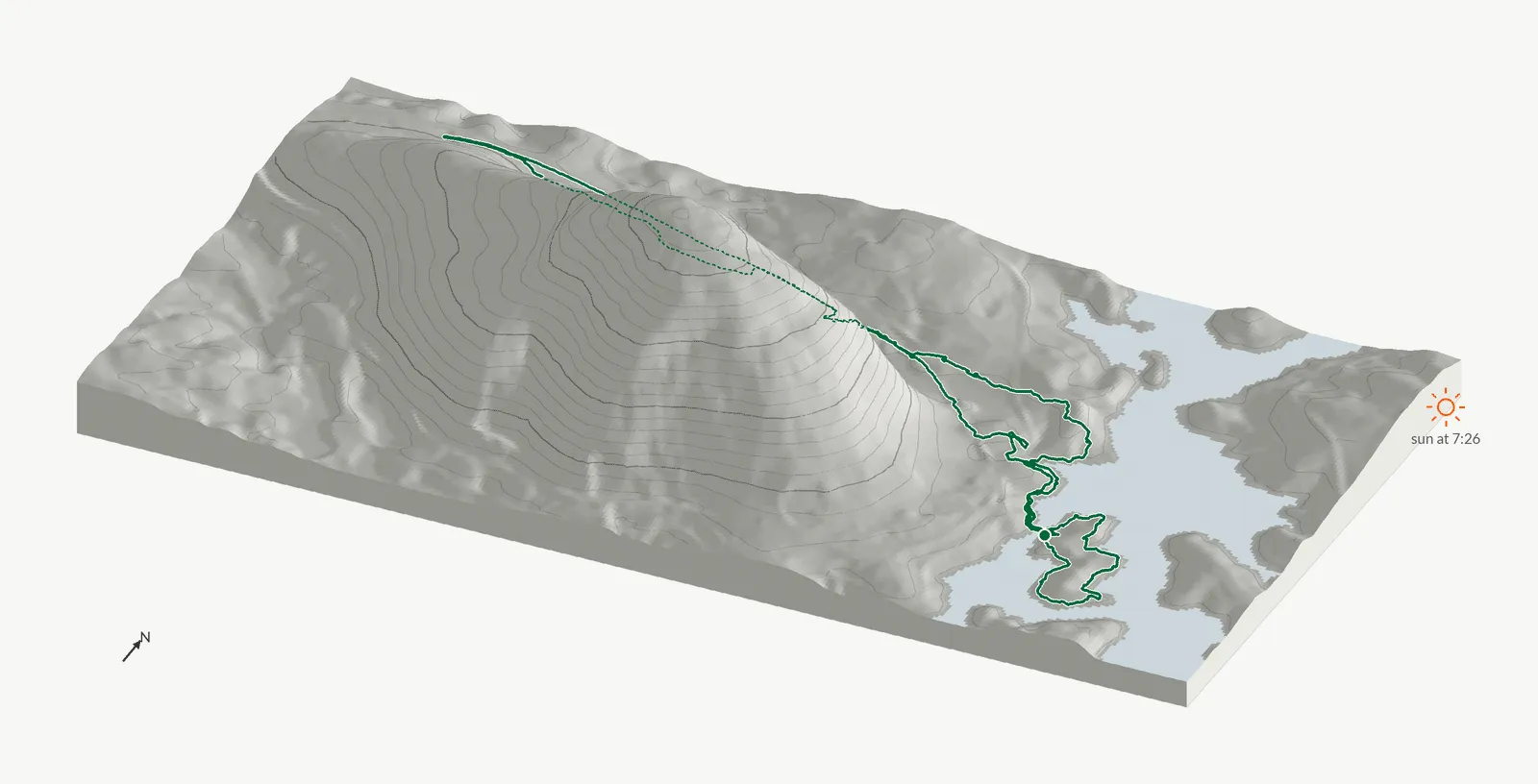The route of June 15, 2025 on Cherokee Trail, Stone Mountain drawn on a relief model of the terrain, seen from the south-southeast and lit from the east-northeast