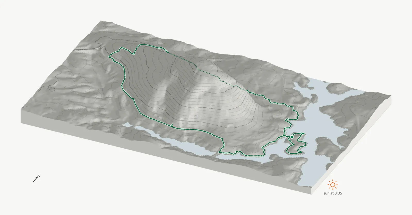 The route of February 1, 2025 on Cherokee Trail, Stone Mountain drawn on a relief model of the terrain, seen from the south-southeast and lit from the east-southeast