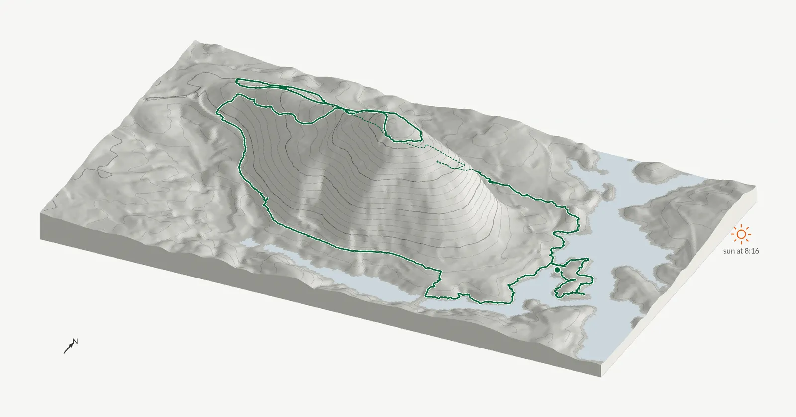 The route of June 1, 2025 on Cherokee Trail, Stone Mountain drawn on a relief model of the terrain, seen from the south-southeast and lit from the east-northeast