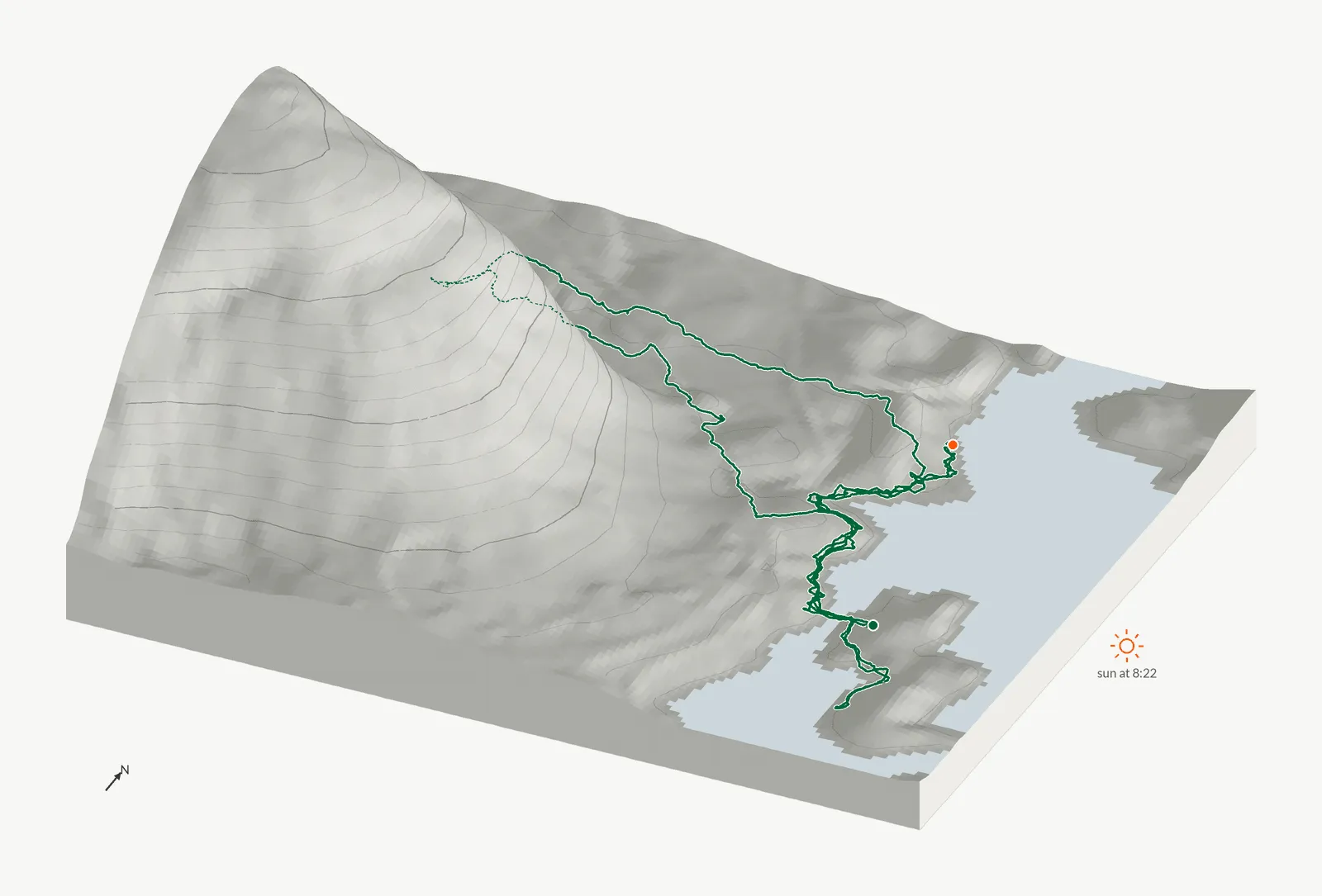 The route of October 12, 2025 on Cherokee Trail, Stone Mountain drawn on a relief model of the terrain, seen from the south-southeast and lit from the east-southeast