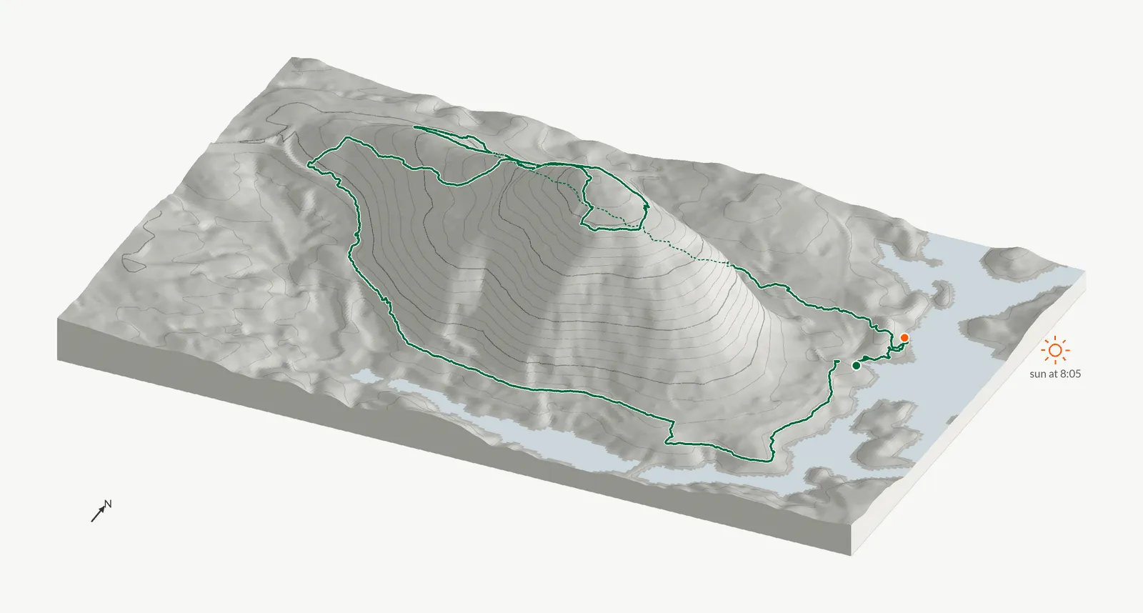 The route of May 18, 2025 on Cherokee Trail, Stone Mountain drawn on a relief model of the terrain, seen from the south-southeast and lit from the east-northeast