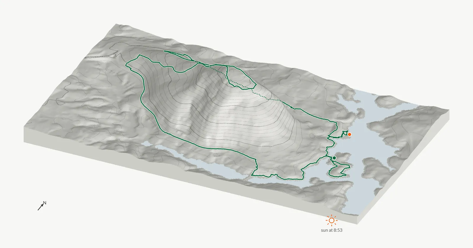 The route of November 17, 2024 on Cherokee Trail, Stone Mountain drawn on a relief model of the terrain, seen from the south-southeast and lit from the southeast