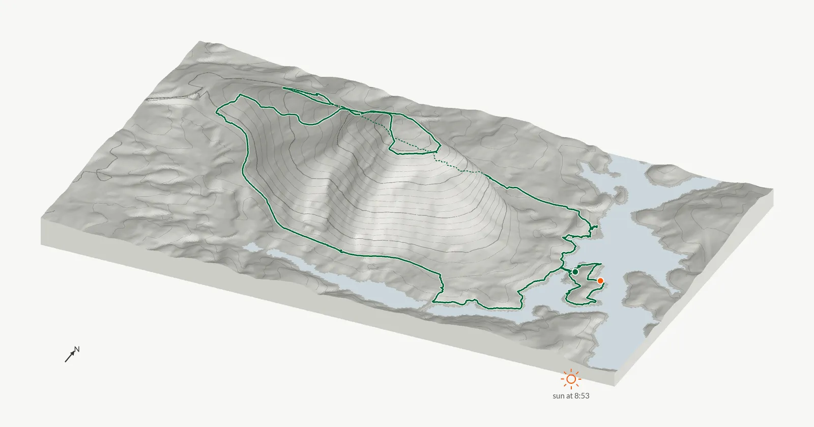 The route of November 16, 2024 on Cherokee Trail, Stone Mountain drawn on a relief model of the terrain, seen from the south-southeast and lit from the southeast