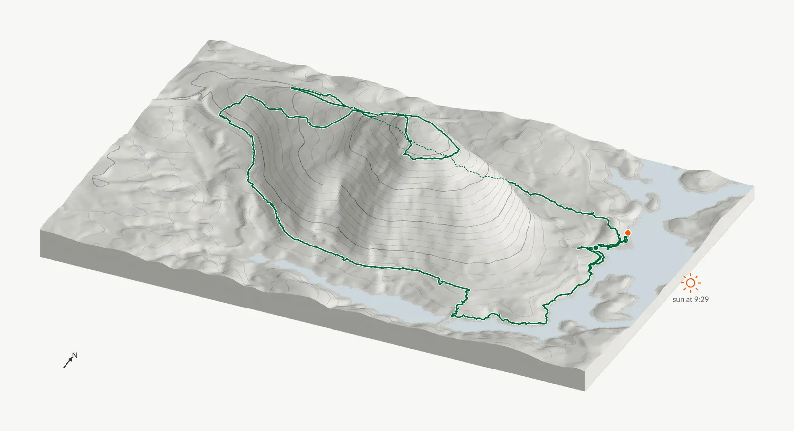 The route of August 16, 2025 on Cherokee Trail, Stone Mountain drawn on a relief model of the terrain, seen from the south-southeast and lit from the east