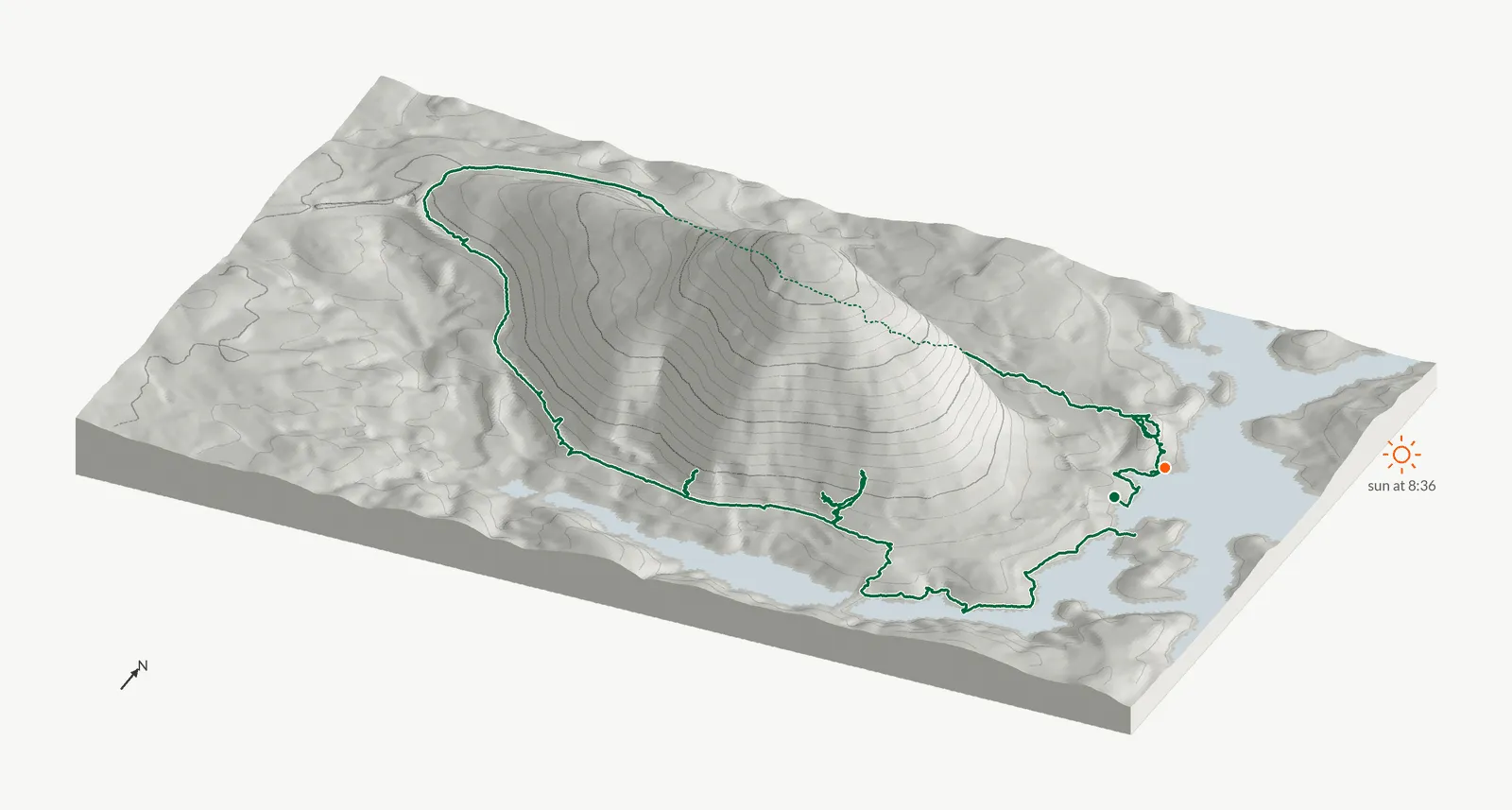 The route of June 14, 2025 on Cherokee Trail, Stone Mountain drawn on a relief model of the terrain, seen from the south-southeast and lit from the east-northeast
