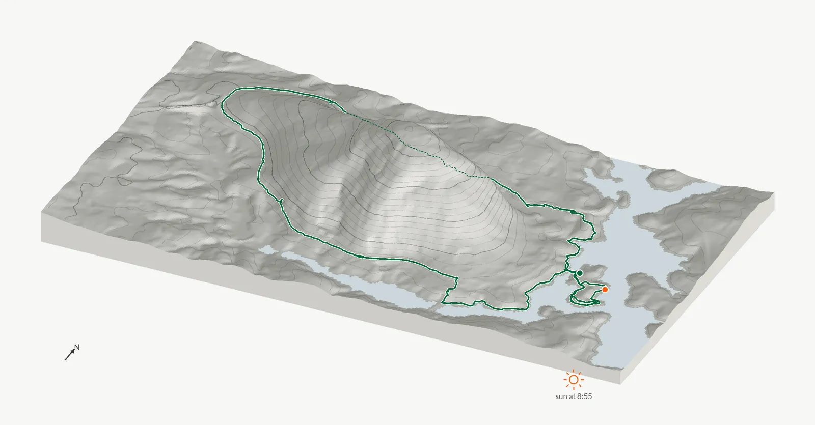The route of January 4, 2026 on Cherokee Trail, Stone Mountain drawn on a relief model of the terrain, seen from the south-southeast and lit from the southeast