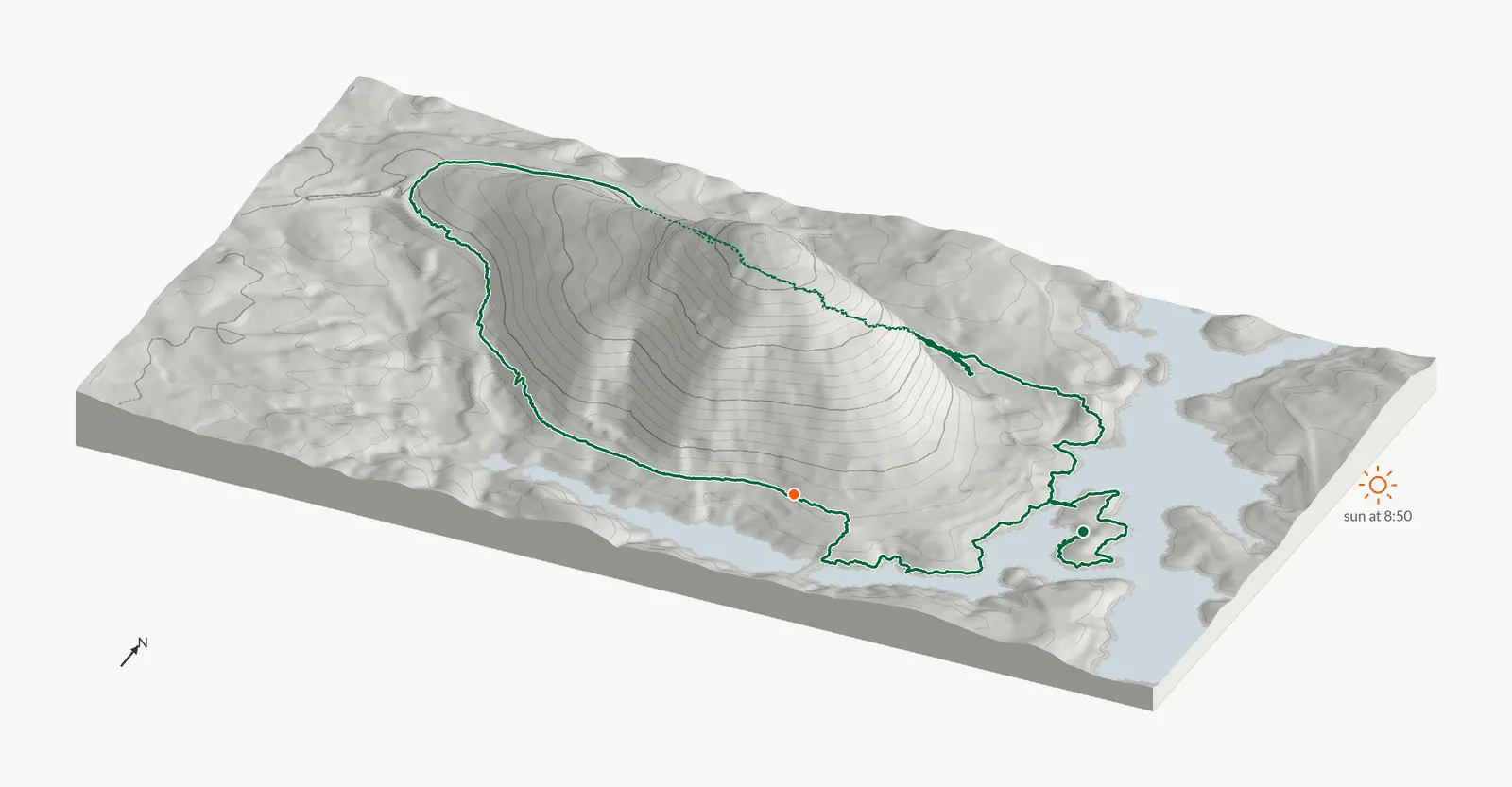 The route of May 11, 2025 on Cherokee Trail, Stone Mountain drawn on a relief model of the terrain, seen from the south-southeast and lit from the east