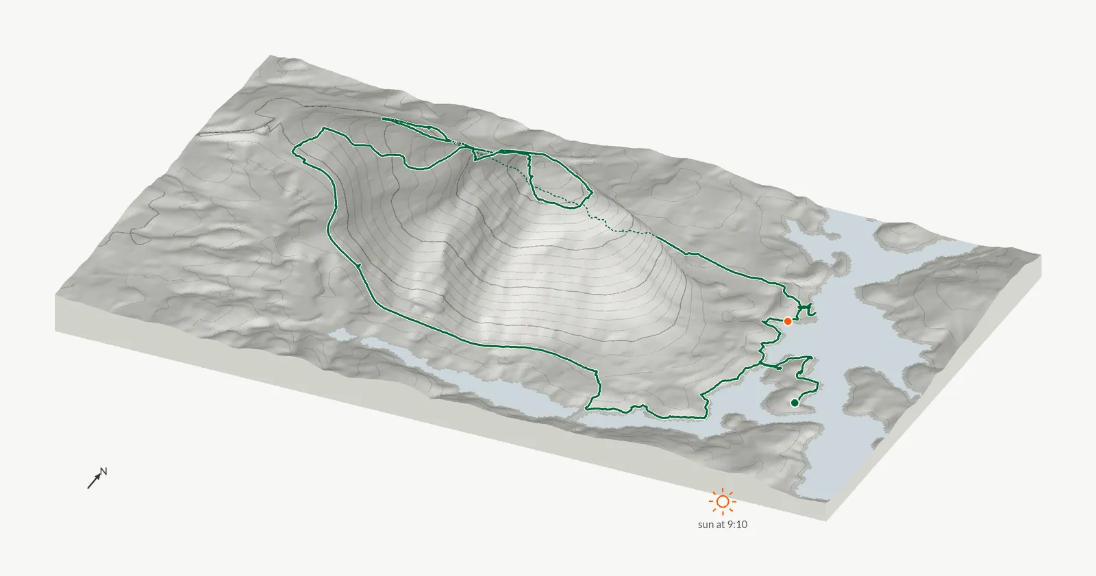 The route of November 29, 2024 on Cherokee Trail, Stone Mountain drawn on a relief model of the terrain, seen from the south-southeast and lit from the southeast