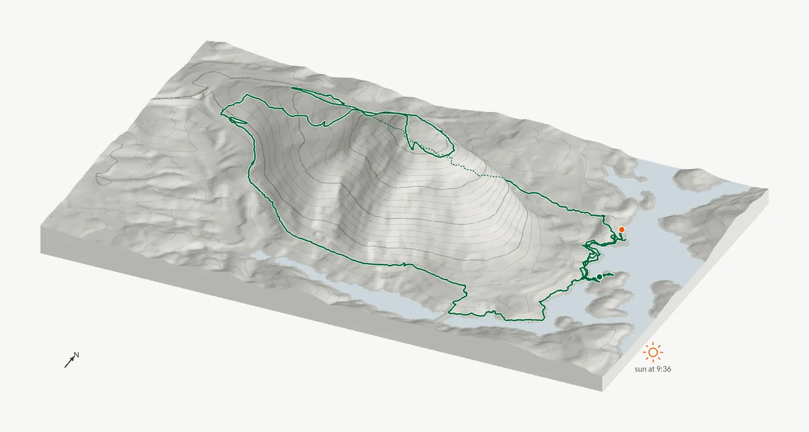 The route of October 4, 2025 on Cherokee Trail, Stone Mountain drawn on a relief model of the terrain, seen from the south-southeast and lit from the east-southeast