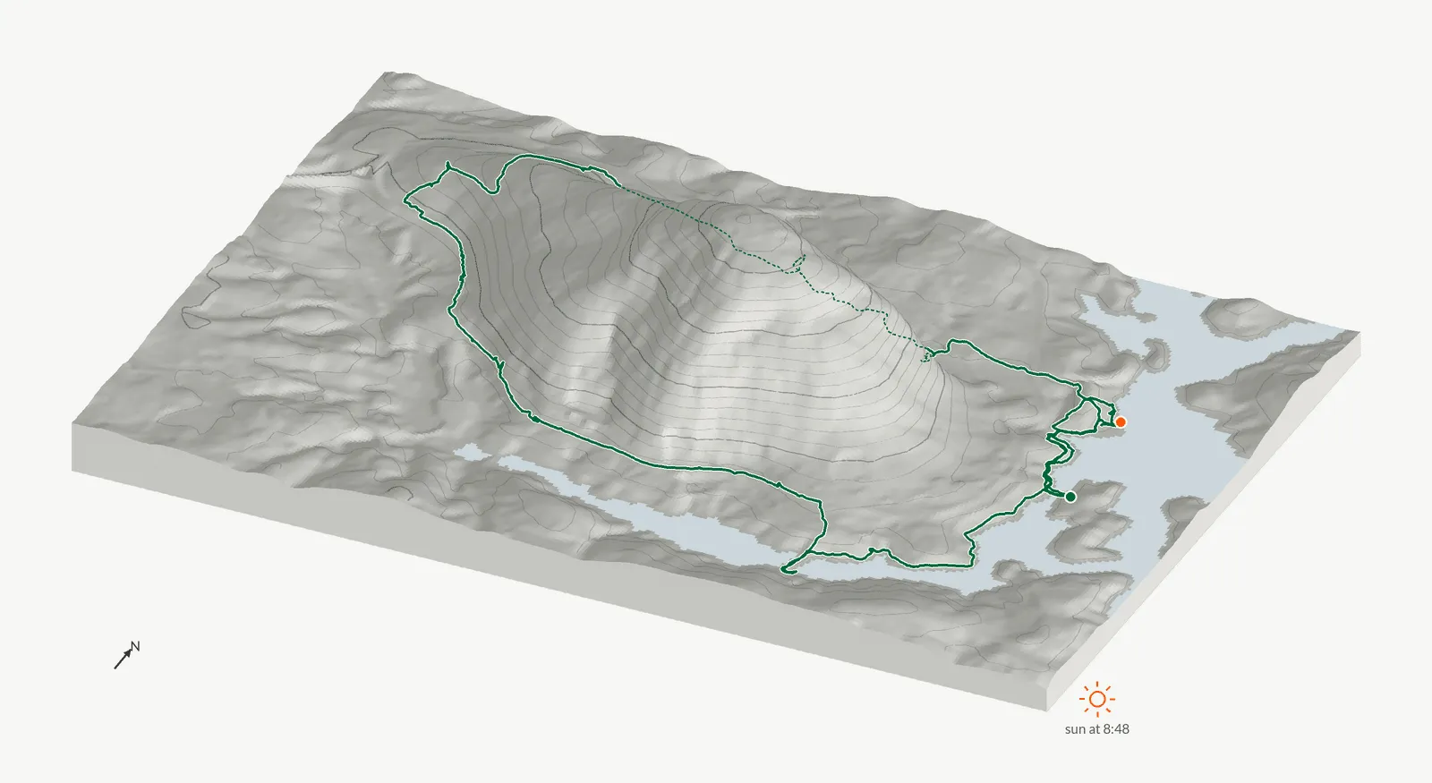 The route of January 26, 2025 on Cherokee Trail, Stone Mountain drawn on a relief model of the terrain, seen from the south-southeast and lit from the east-southeast
