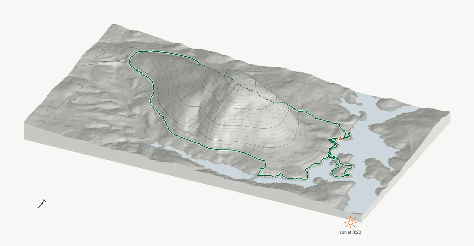 The route of November 22, 2025 on Cherokee Trail, Stone Mountain drawn on a relief model of the terrain, seen from the south-southeast and lit from the southeast