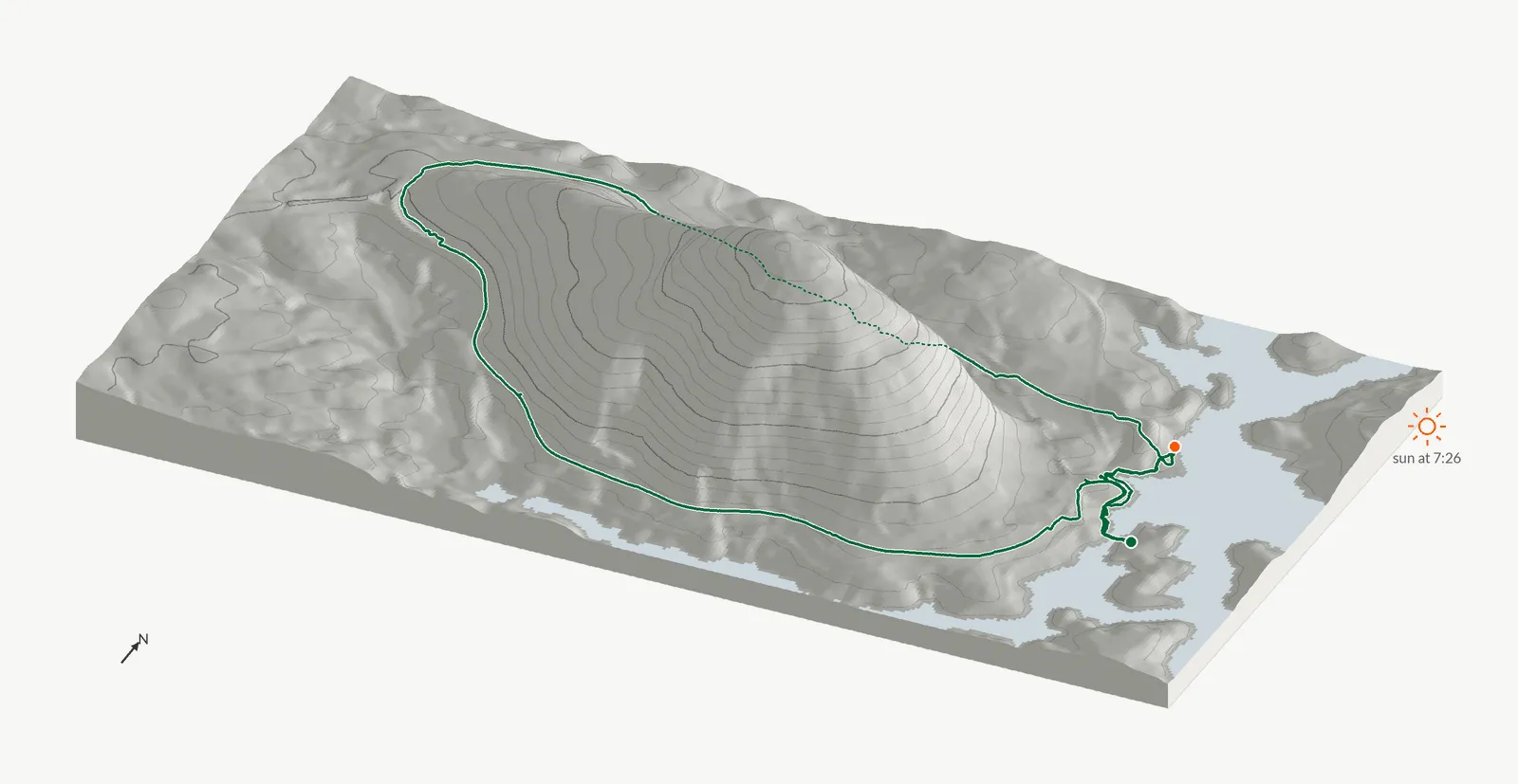 The route of May 22, 2026 on Cherokee Trail, Stone Mountain drawn on a relief model of the terrain, seen from the south-southeast and lit from the east-northeast