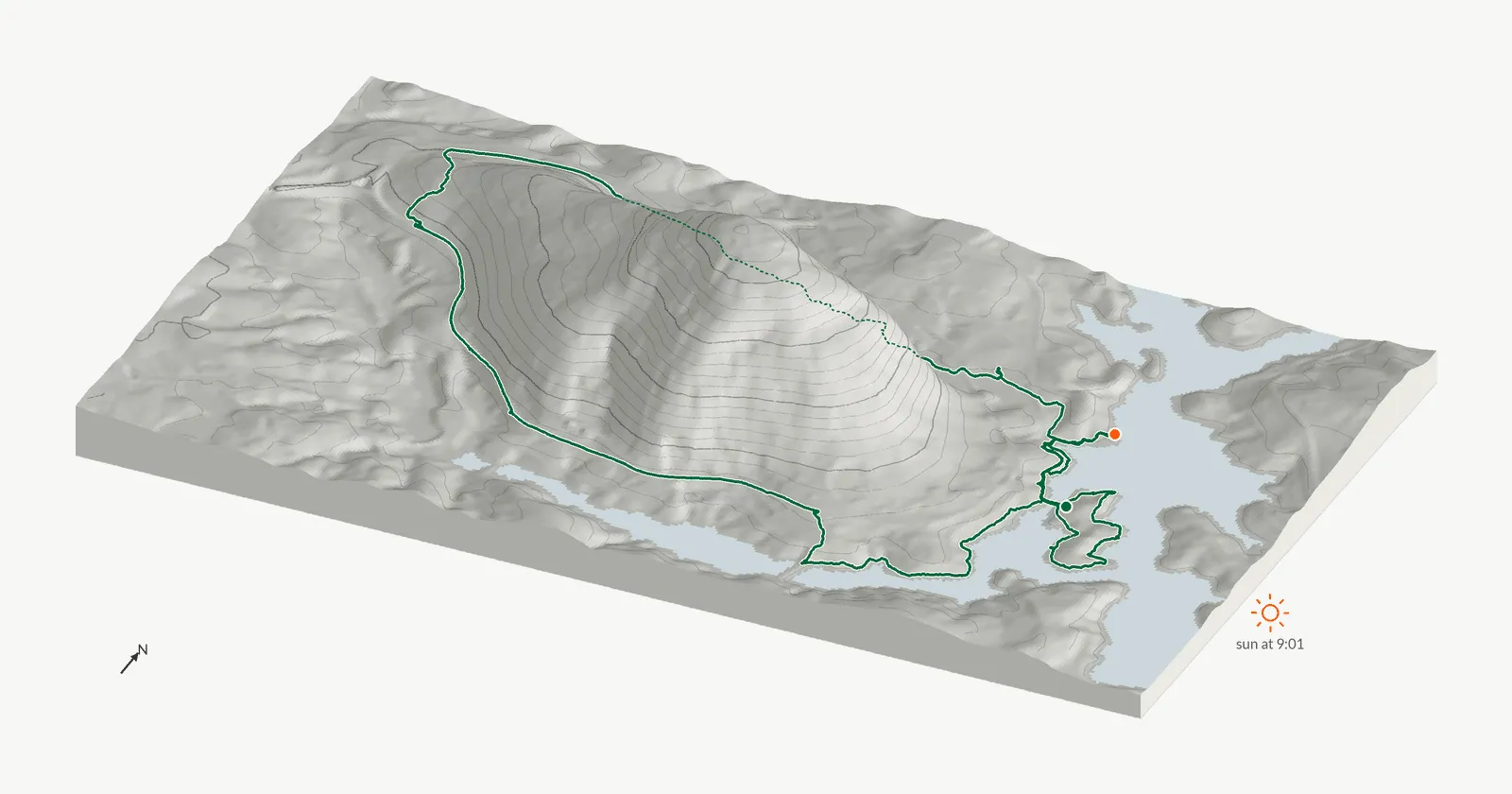 The route of September 28, 2024 on Cherokee Trail, Stone Mountain drawn on a relief model of the terrain, seen from the south-southeast and lit from the east-southeast