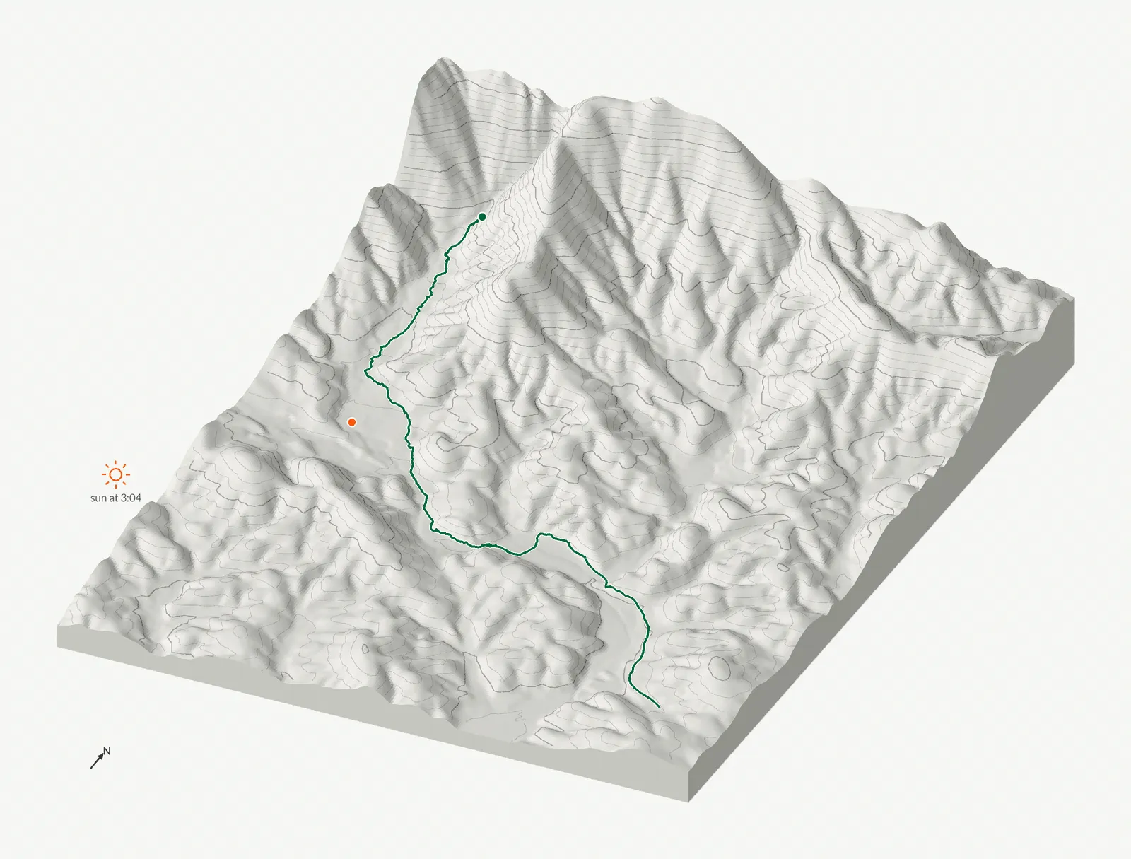 The route of March 8, 2025 on Cochran Falls drawn on a relief model of the terrain, seen from the south-southeast and lit from the southwest