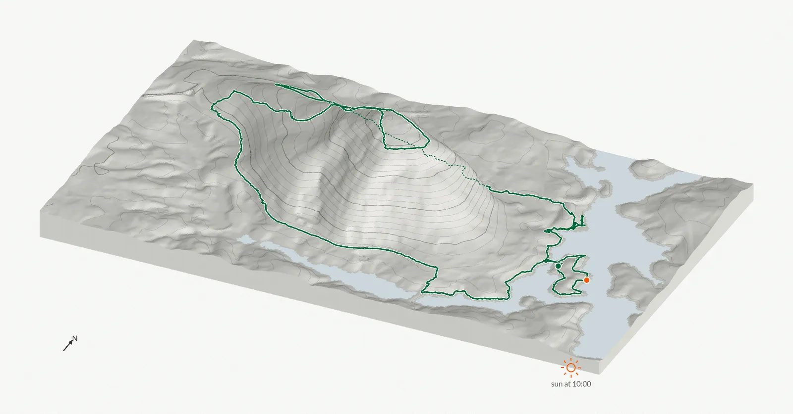 The route of November 1, 2025 on Cherokee Trail, Stone Mountain drawn on a relief model of the terrain, seen from the south-southeast and lit from the southeast